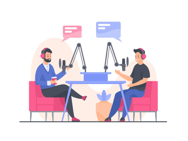 Blogger podcasters streaming concept. Flat vector illustration People making podcast. Male cartoon characters talking to microphone and recording audio podcast in studio. Online radio, interviewing a guest, live streaming concept. Flat vector illustration podcasting illustrations stock illustrations