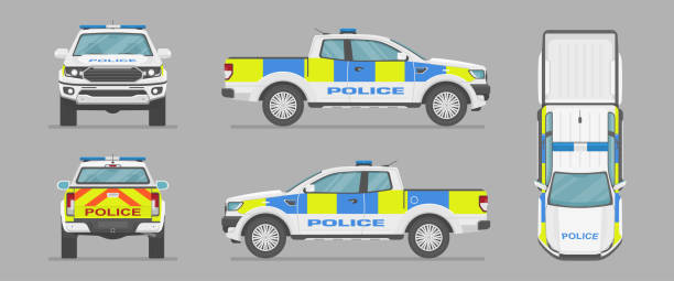 ilustrações de stock, clip art, desenhos animados e ícones de english police car. vector pickup truck from different sides. side view, front view, back view, top view. - truck military armed forces pick up truck