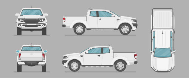 illustrations, cliparts, dessins animés et icônes de camionnette vectorielle de différents côtés. vue latérale, vue avant, vue arrière, vue supérieure. - pick-up