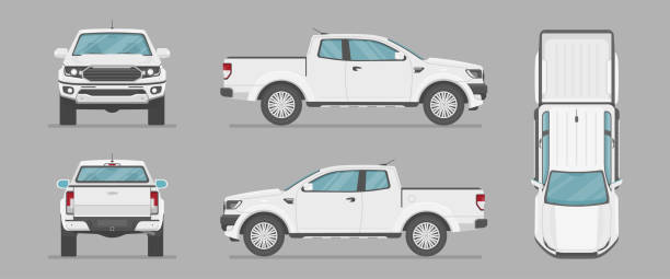 ilustrações de stock, clip art, desenhos animados e ícones de vector pickup truck from different sides. side view, front view, back view, top view. - flatbed truck