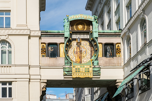 The Anchor Clock Ankeruhr in Vienna downtown district. Famous landmark and touristic destination in Austria during daytime.