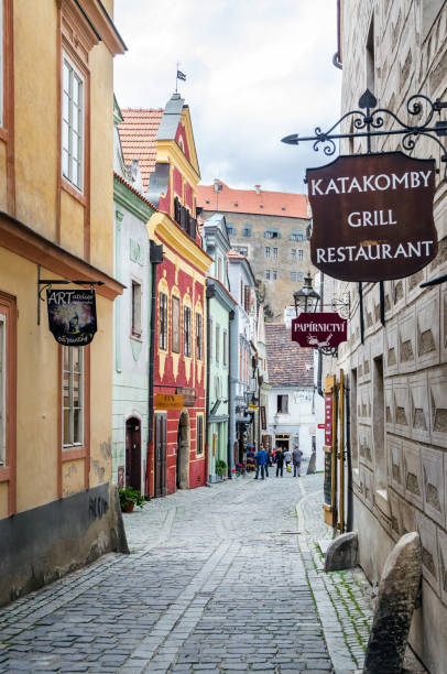 세스키 크룸로프의 자갈길 - czech republic cesky krumlov village tourist 뉴스 사진 이미지