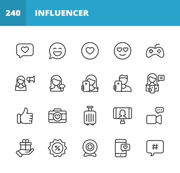 ilustrações de stock, clip art, desenhos animados e ícones de social media influencer line icons. editable stroke. pixel perfect. for mobile and web. contains such icons as online messaging, mobile app, selfie, digital marketing, advertising, video streaming, live event, hashtag, video tutorial, travel, content. - social media mobile phone facebook application software