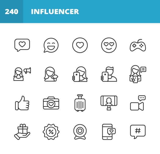 Social Media Influencer Line Icons. Editable Stroke. Pixel Perfect. For Mobile and Web. Contains such icons as Online Messaging, Mobile App, Selfie, Digital Marketing, Advertising, Video Streaming, Live Event, Hashtag, Video Tutorial, Travel, Content. 20 Social Media Influencer  Outline Icons. Social Media, Like Button, Text Message, Online Messaging, Notification, Mobile, Web Page, Love, Heart, Selfie, Photography, Woman, Photo, Emoticon, Digital Marketing, Discount, Promotion, Badge, Megaphone, Influence, Advertising, Video Call, Video Streaming, Live Stream, Live Event, Thumbs Up, Communication, Social Sharing, Hashtag, Gift, Video Game, Video Tutorial, Make Up, Webcam, Work From Home, Travel, Internet, Five Star, Luxury, Vacation, Content, Blogging, Writing, Customer Engagement. influencer stock illustrations