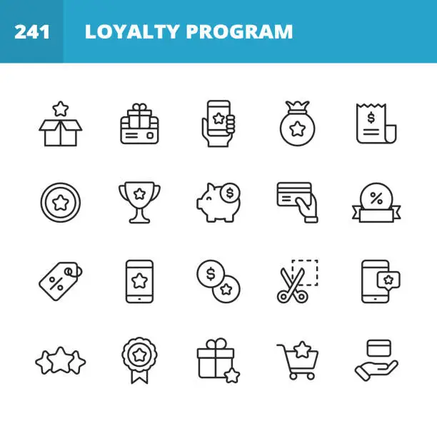 Vector illustration of Loyalty Program Line Icons. Editable Stroke. Pixel Perfect. For Mobile and Web. Contains such icons as Gift Box, Loyalty Card, Money, Savings, Marketing, Customer Experience, Payments, Piggy Bank, Promotion, Five Star Rating, Credit Card, Shopping.