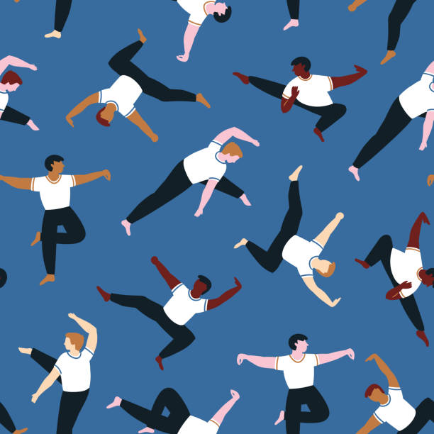 Vector silhouettes of young men perform a few forms of Tai Chi. Seamless pattern. Sport design for fabric or wallpaper. Vector silhouettes of young men perform a few forms of Tai Chi. Seamless pattern. Sport design for fabric or wallpaper. qi gong stock illustrations