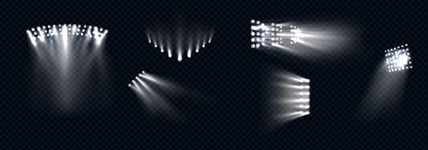 Spotlights, stage light white beams lamps rays set Spotlights, stage light white beams, glowing design elements for studio, stadium or theater scene. Lamps rays for concert, show presentation isolated on transparent background, Realistic 3d vector set floodlight stock illustrations