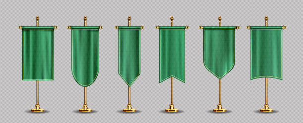 Green pennant flags mockup, blank vertical banners Green pennant flags mockup, blank vertical banners on gold flagpoles Isolated medieval heraldic empty ensign templates with oval, concave, pointed or double edges Realistic 3d vector illustration set concave illustrations stock illustrations