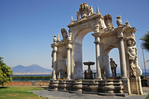 View of the Fontana del Gigante (XVII century) and Vesuvio, Naples