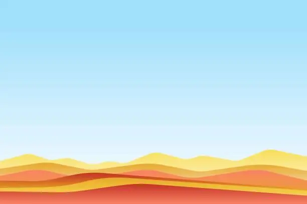 Vector illustration of Landscape with waves. Blue sun set sky. Yellow, orange, pink and red mountains silhouette. Sandy desert dunes. Nature and ecology. Horizontal orientation. For social media, post cards and posters
