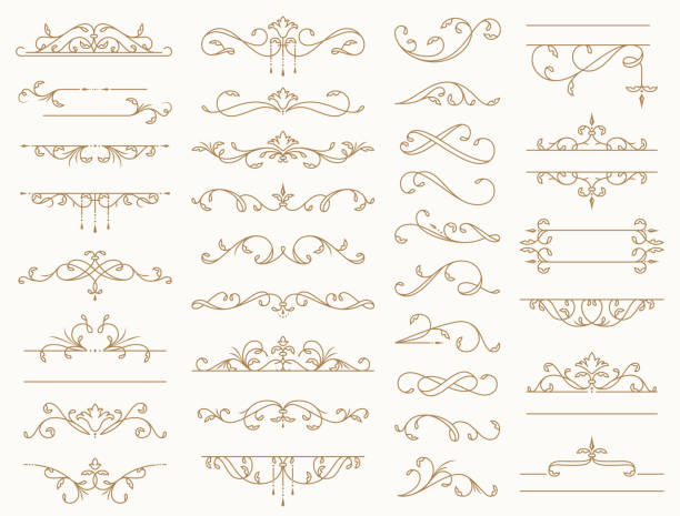 illustrations, cliparts, dessins animés et icônes de bordures vintage, lignes décoratives, diviseurs, tourbillons. éléments de conception vectorielle. - curled up decoration ornate design