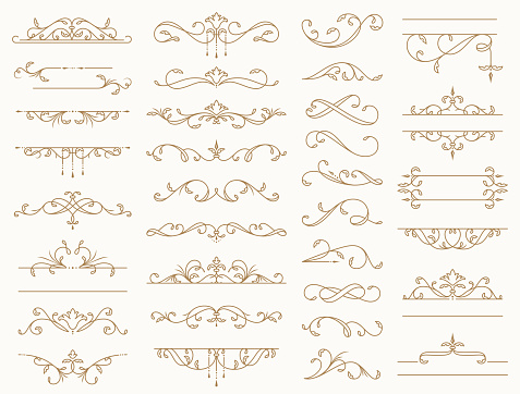 Vintage border ornaments. Set of isolated decorative lines, dividers, swirls, and frames for text. Flourish vector design elements for wedding invitation, restaurant menu, certificate, page decoration