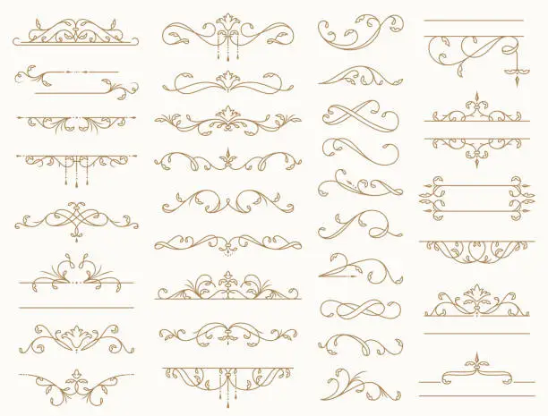 Vector illustration of Vintage borders, decorative lines, dividers, swirls. Vector design elements.