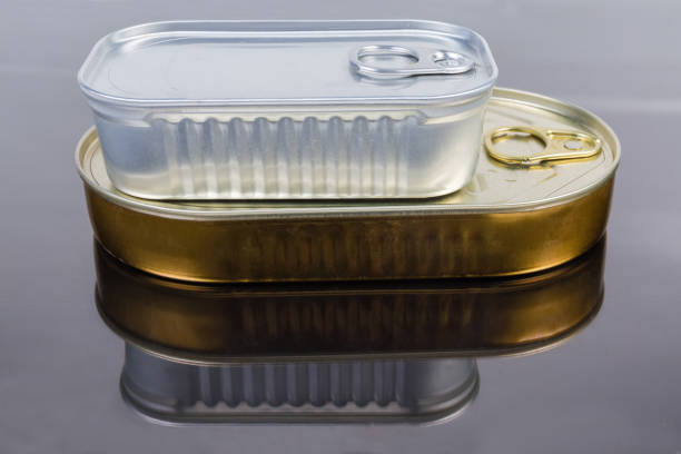 istock Sealed tin cans of canned fish on a reflective surface 1308390837