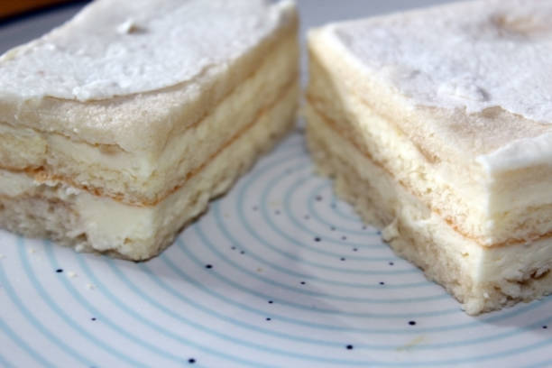 istock Snow White Cake (or Alba ca Zapada in Romanian language) traditional cake on a blue circled plate 1308391699