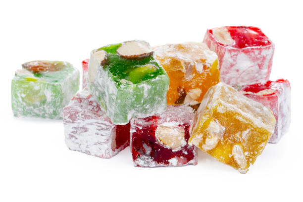 istock Bunch of colorful Turkish Delight sweets isolated on white 1308391786