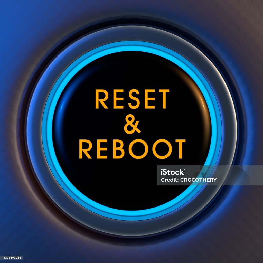 Reset and Reboot Blue and orange glowing reset and reboot button on metallic background. 3D rendering Restarting Stock Photo