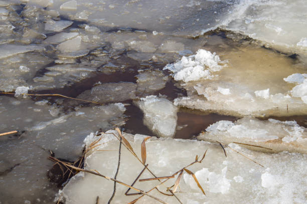 istock Crumbled ice on a river in spring on a cold sunny day close up. 1308393379