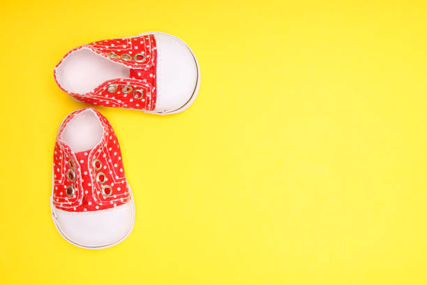 istock red children's boots with white polka dots on a yellow background 1308393511