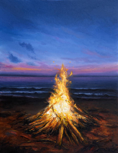 Summer campfire Original  oil painting of inviting campfire on the beach.Sunset over ocean  on canvas.Modern Impressionism, modernism,marinism"n Bonfire stock illustrations