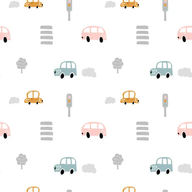 Vector illustration of Vector pastel color doodle scandinavian cars with crosswalks and traffic lights. Seamless baby boy pattern. Texture for wallpaper, fills, web page background