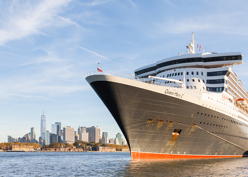 New York City - October 20, 2017:  Cunard cruise liner Queen Mary 2 is pictured docked in Brooklyn, New York.  The liner is the flagship of the Cunard fleet.