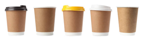 istock Set with different paper coffee cups on white background, banner design 1308395305