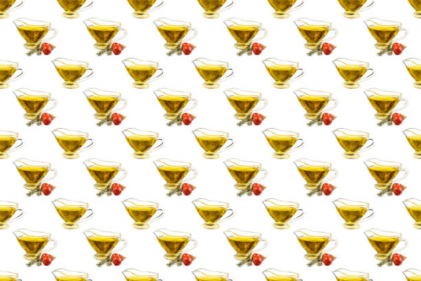 Seamless pattern. Corn and sunflower oil in glass jars, isolated on a white background.horizontal view