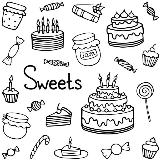 Vector illustration of A set of Doodle sweets and desserts icons. A Sketch Of A Handmade Vector Design.