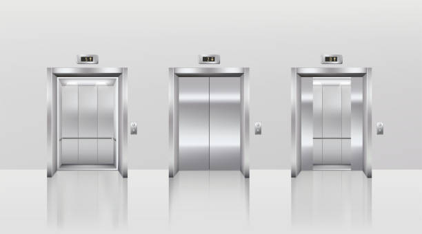 istock Elevator doors set. Lifts closed, opened in hotel or office vector illustration. Realistic stainless steel hallway interior elements on grey background. Interior of building 1308397816