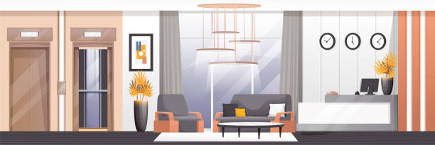 호텔 로비 및 리셉션 공간 배경. 책상, 안락의자, 소파, 컴퓨터, 엘리베이터 벡터 일러스트가 있는 테이블이 있는 객실입니다. 인테리어 디자인, 수평 파노라마를 위한 홀 - hotel reception symbol chair domestic room stock illustrations