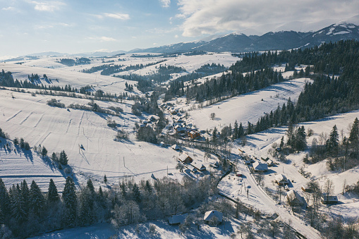 Scenic aerial view of Carpathian mountains in winter