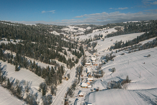 Beautiful winter landscape in morning light. Transilvania, Romania