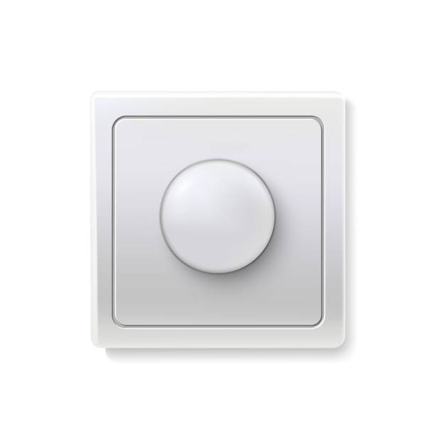 istock Round switch. Electric power connector of square shape for light production with circle button vector illustration. Modern realistic household device isolated on white background 1308399238