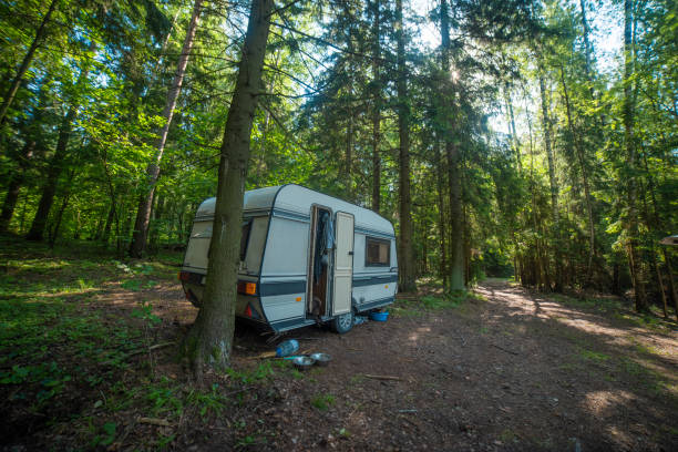 istock camper in the forest by the lake 1308399461