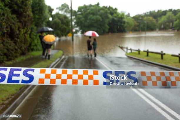 Windsor Australia March 22 2021 Ses Tape Across A Flooded Road In Windsor Stock Photo - Download Image Now