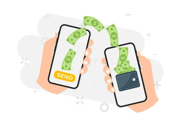 Vector illustration of Money transfer. Online payment. Send and receive money wireless with their phone. Phone with banking payment app. Capital flow, earning. Financial savings or economy. Money online on mobile phone
