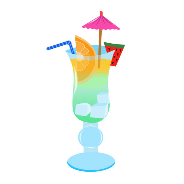 ilustraciones, imágenes clip art, dibujos animados e iconos de stock de cóctel fresco de verano con una rebanada de naranja y sandía. sombrilla de cóctel y paja en un vaso con hielo. bebida refrescante de verano. ilustración vectorial aislada sobre fondo blanco. - drink umbrella cocktail glass isolated