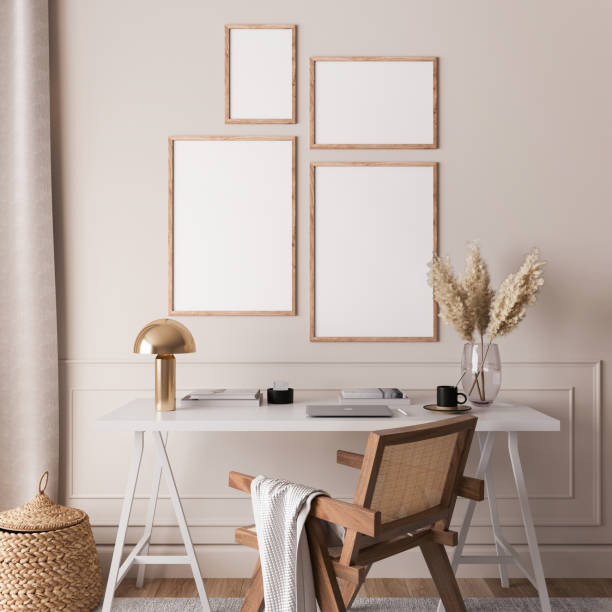스칸디나비아 인테리어 배경의 갤러리 벽, 등나무 의자 및 흰색 책상을 홈 오피스 룸 디자인으로 모의 - 담 경계 뉴스 사진 이미지