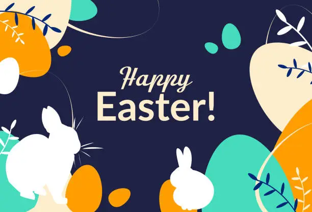 Vector illustration of Happy Easter Day. Colorful greeting card. Banner with eggs, bunny and plants.