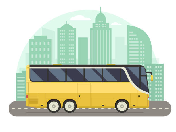 Yellow City Bus Concept in Flat Design Yellow city bus driving on downtown road. Modern public transport concept scene. public transportation stock illustrations