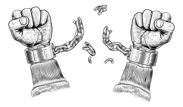 illustrazioni stock, clip art, cartoni animati e icone di tendenza di mani che rompono catene catene manette manette - libertarian
