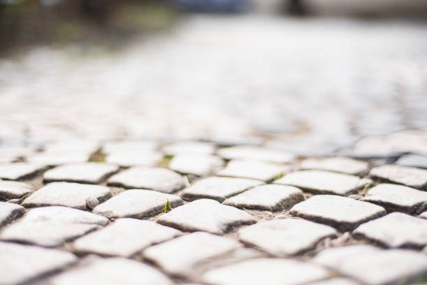 istock stone pavement texture, old square tiles on the road and sidewalk, 1308405484