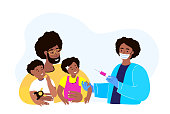 istock Female Pediatrician Doctor Vaccinate African Children.COVID pandemic Inoculation Concept illustration for immunity health. Father, Kids in hospital.Doctor in a medical Uniform.Flat Vector illustration 1308406562