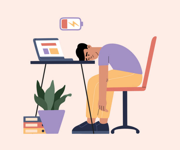 Man tired of hard working, sleepy at work Man tired of hard working, sleepy at work, guy at office sits by the table with laptop and procrastinating, unhappy person overworked, needs battery recharge. Modern trendy illustration, flat style mental burnout stock illustrations