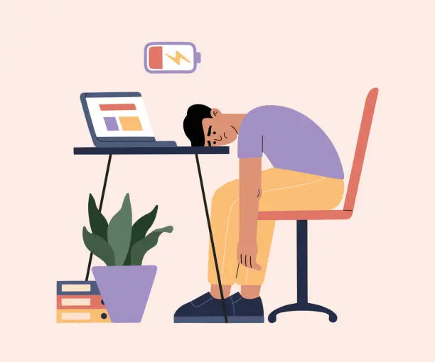 Vector illustration of Man tired of hard working, sleepy at work