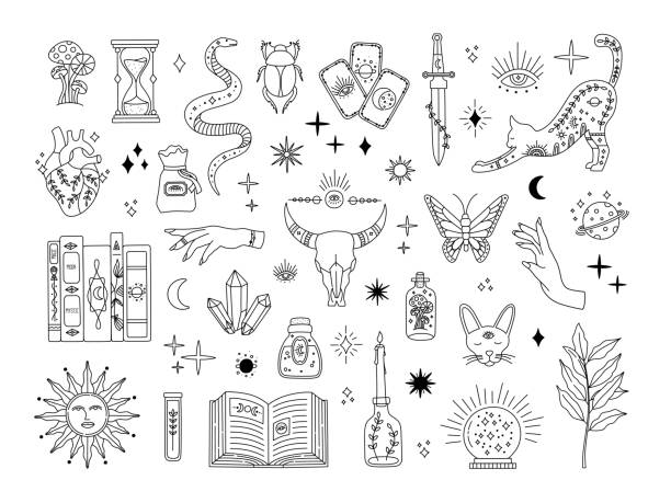 ilustrações de stock, clip art, desenhos animados e ícones de witchcraft big set, mystic magical symbols for flash tattoo - gothic style illustrations