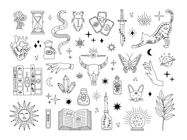 Witchcraft big set, mystic magical symbols for flash tattoo Witchcraft big set, mystic magical symbols for flash tattoo, hand drawn mystery collection, modern boho style elements for print design. Vector icons and logo illustration isolated on white background tattoo icons stock illustrations
