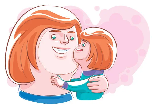 Vector illustration of little girl hugging mother