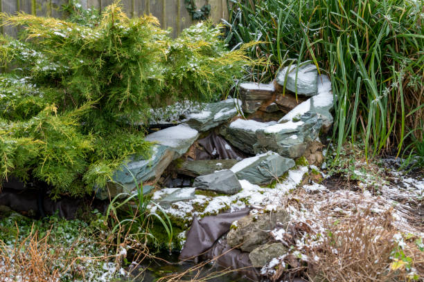 istock Garden water feature in the snow 1308408083